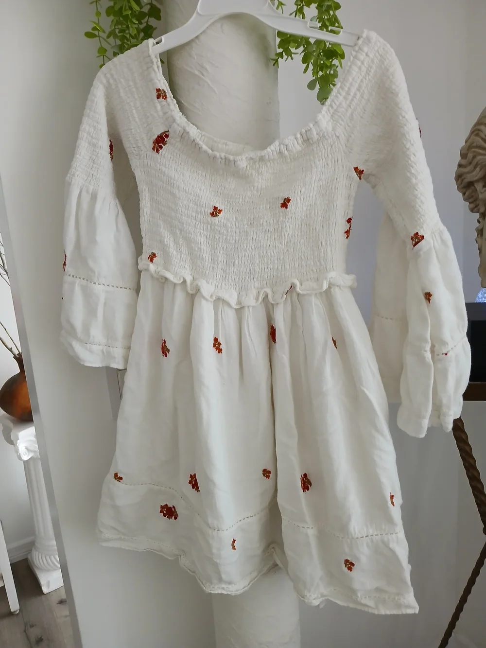 Free People White Smocked Mini Dress with Rust Floral Accents
